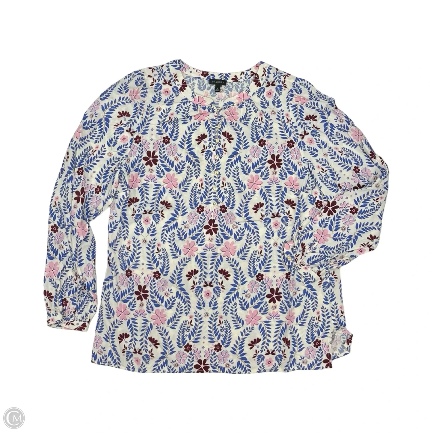 Blouse Long Sleeve By Talbots In Blue & White, Size: L