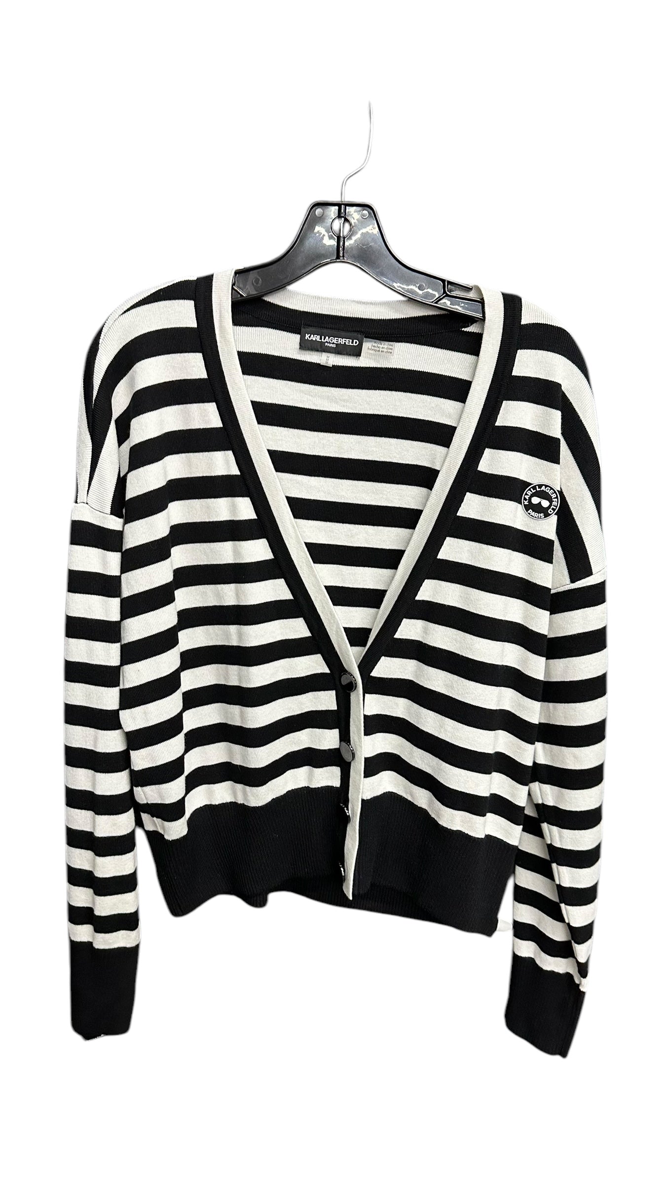 Sweater Cardigan Designer By Karl Lagerfeld In Striped Pattern, Size: M