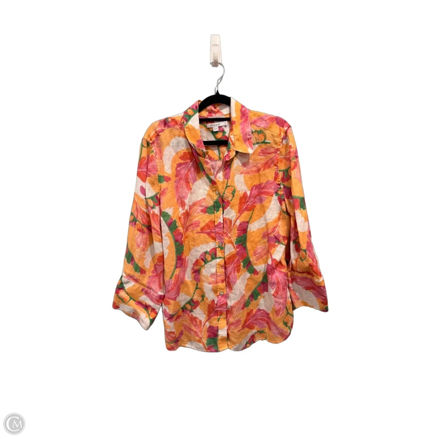Top 3/4 Sleeve By Chicos In Orange & Pink, Size: L