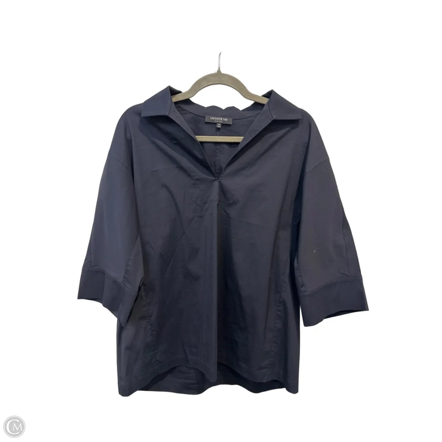 Top Short Sleeve Designer By Lafayette 148 In Navy, Size: M