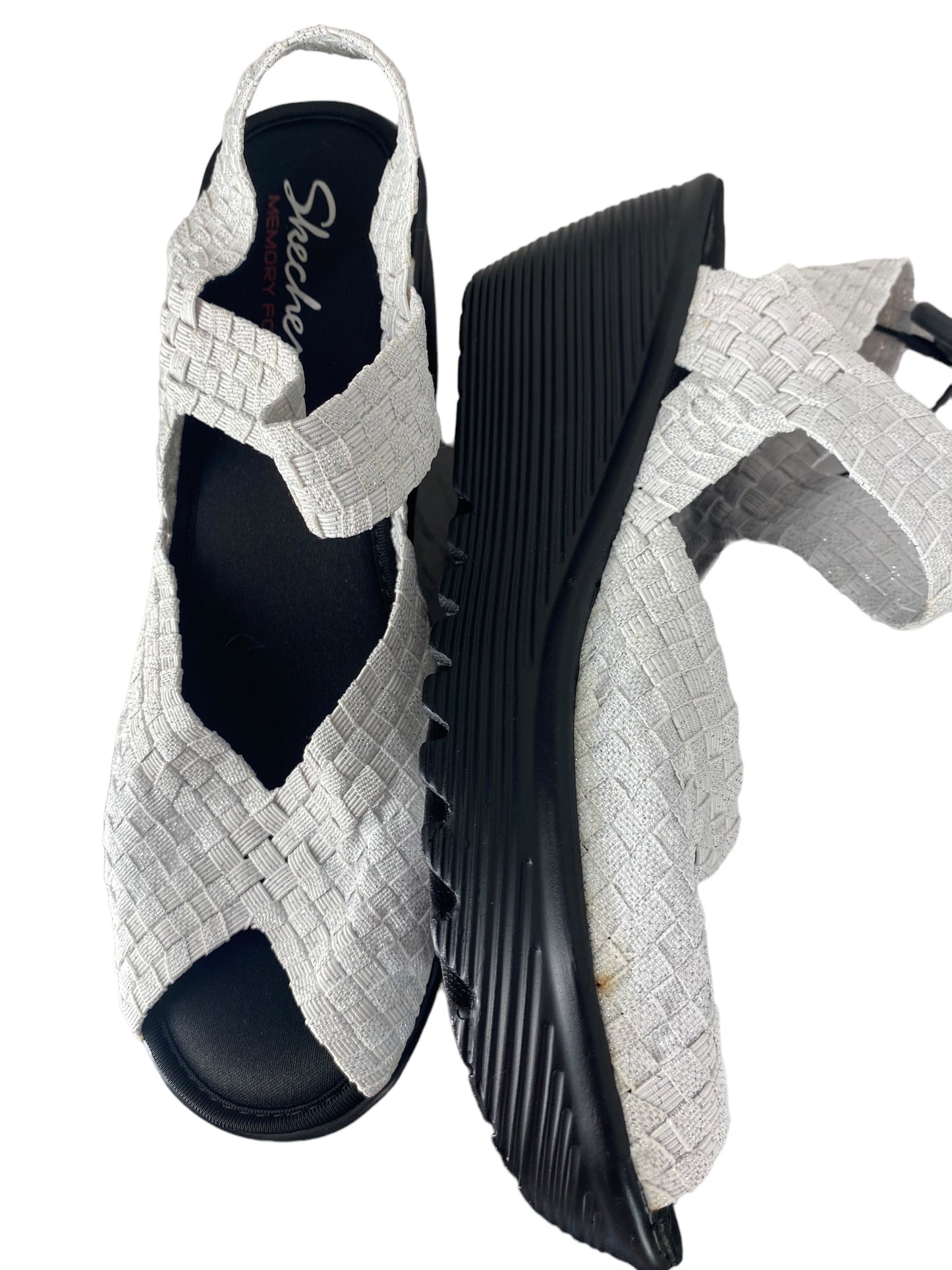 Silver Sandals Heels Wedge Skechers, Size 8
