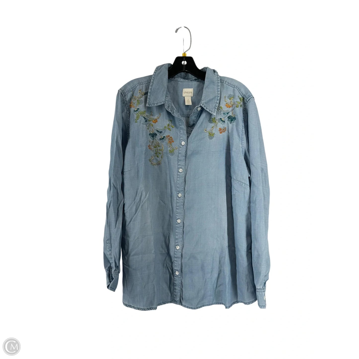 Top Long Sleeve By Chicos In Blue Denim, Size: 3x