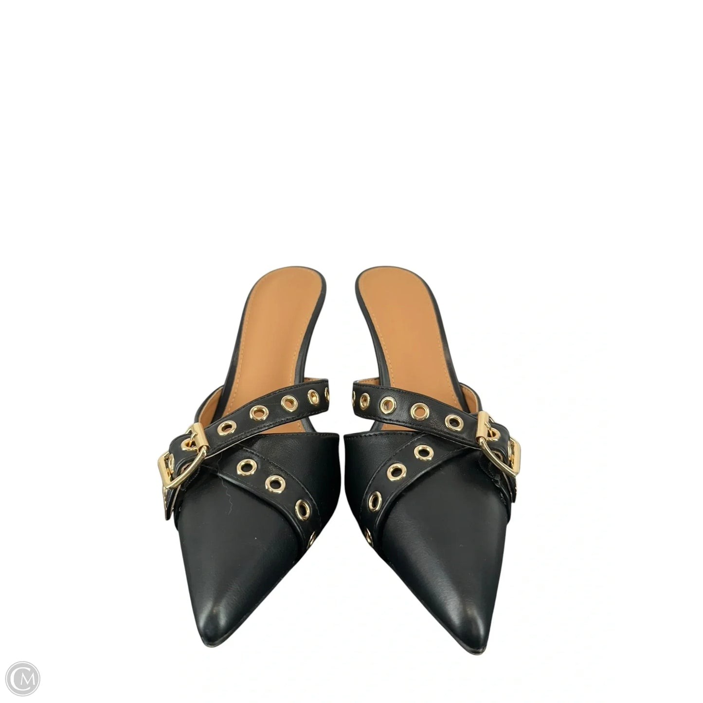 Sandals Heels Kitten By Clothes Mentor In Black & Gold, Size: 6