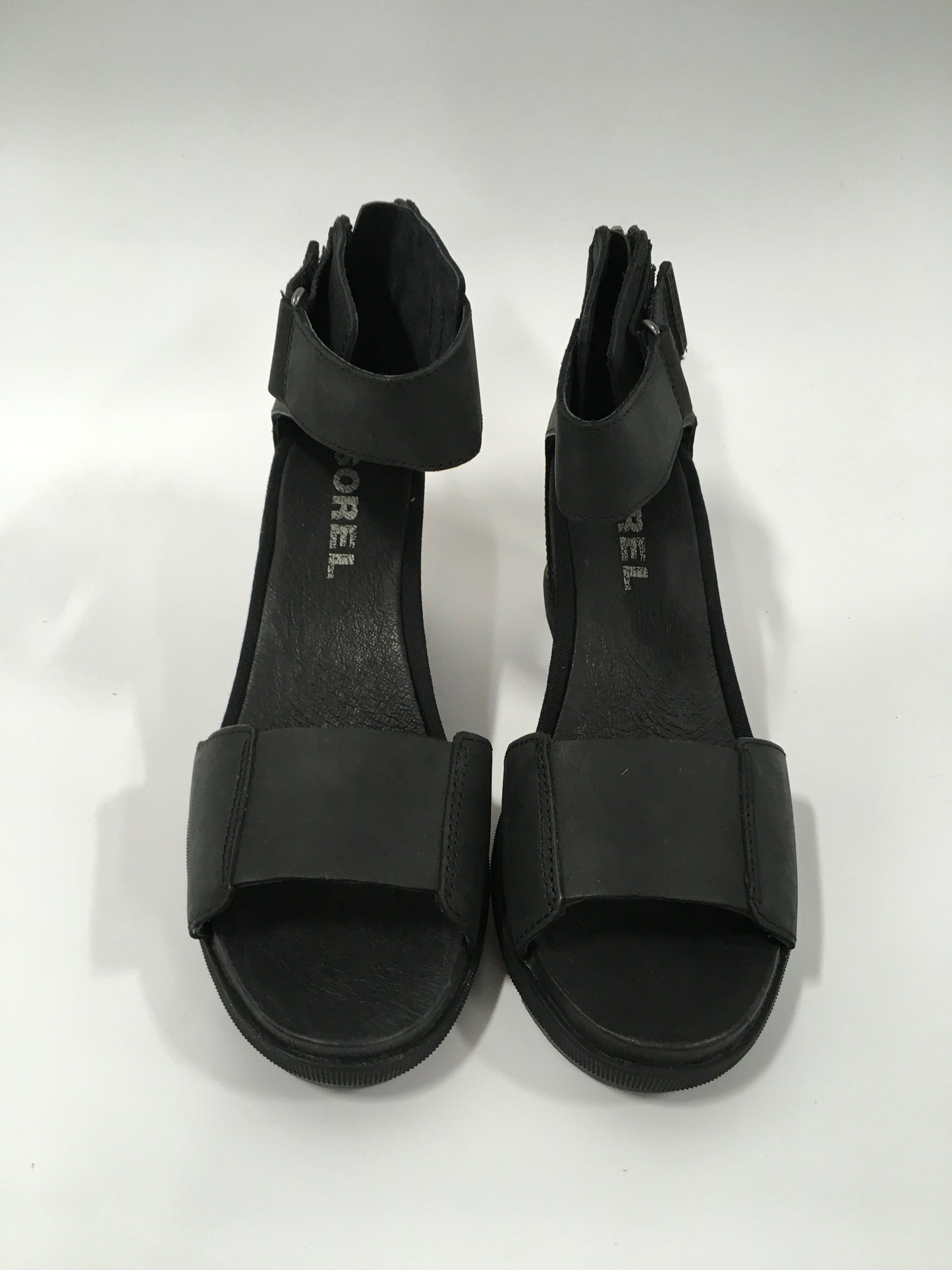 Black Sandals Heels Wedge Sorel, Size 8.5