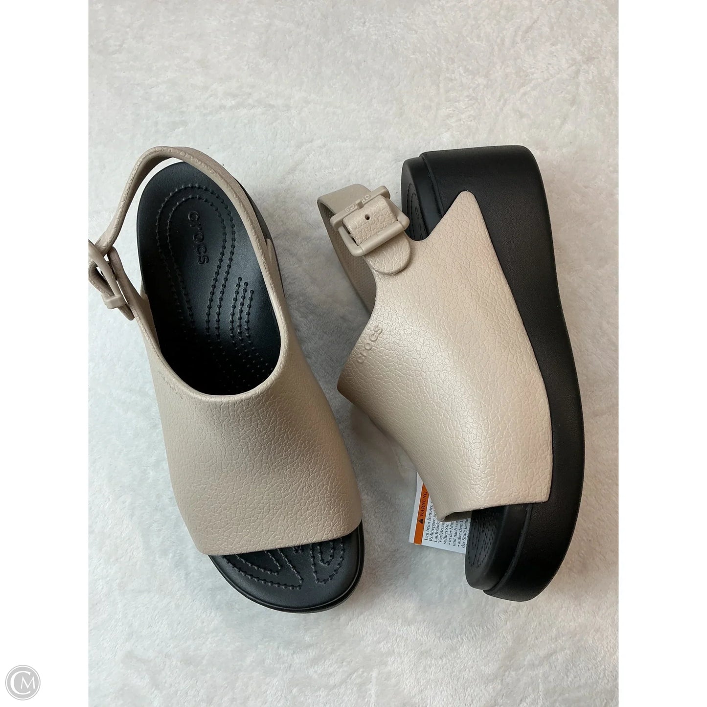 Sandals Heels Platform By Crocs In Black & Brown, Size: 9