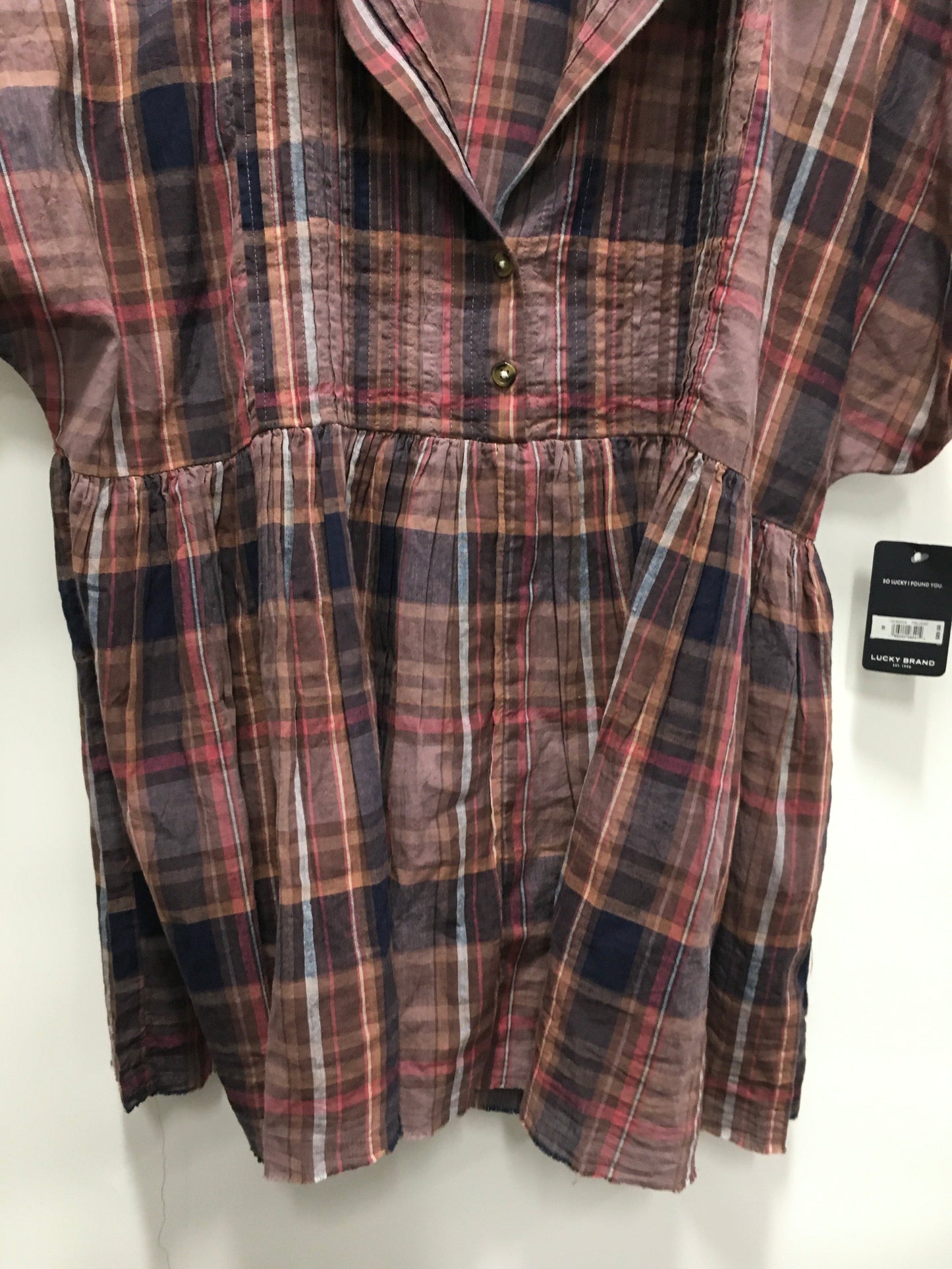 Plaid Pattern Top Short Sleeve Lucky Brand, Size M