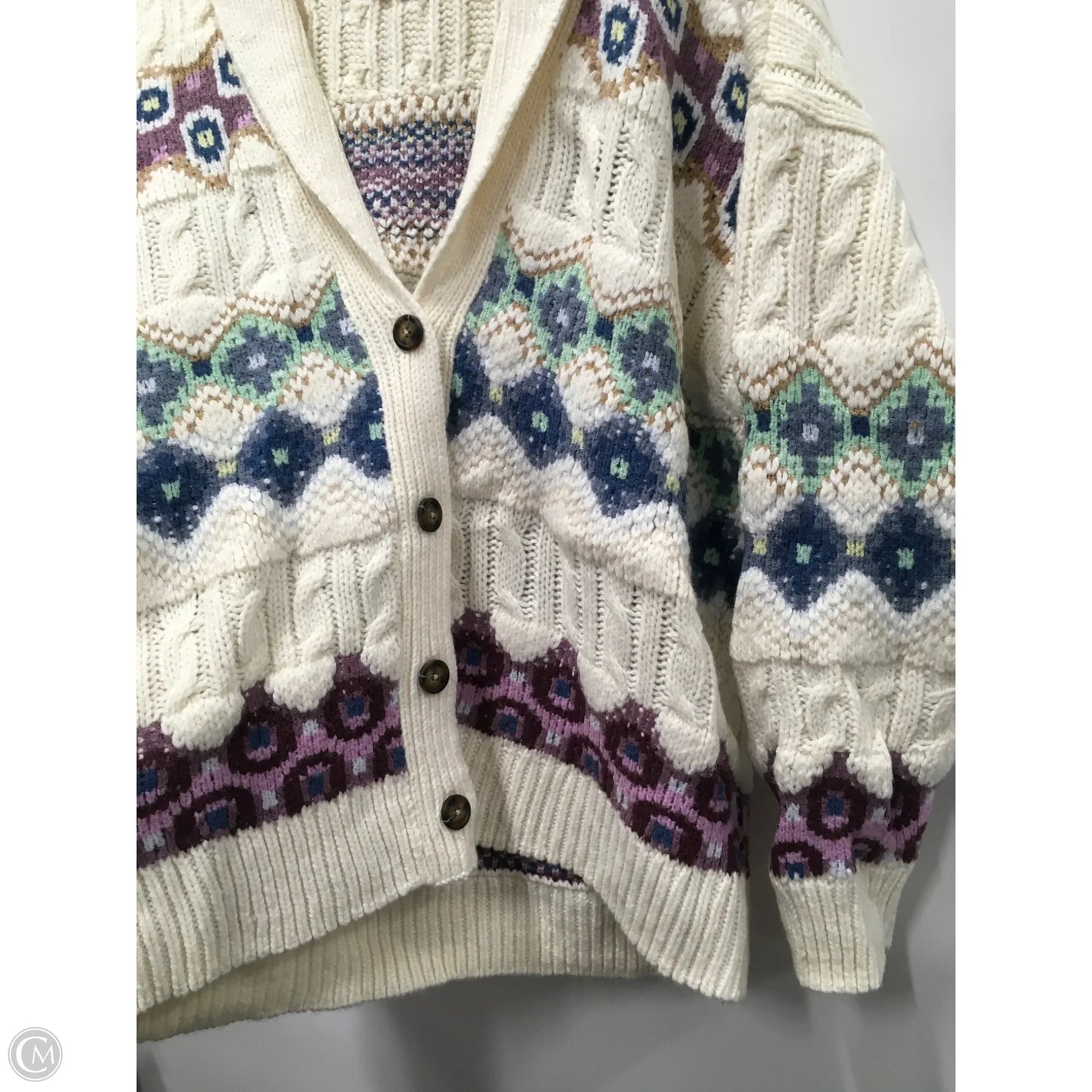 Sweater Cardigan By Lucky Brand In Cream & Purple, Size: Xl
