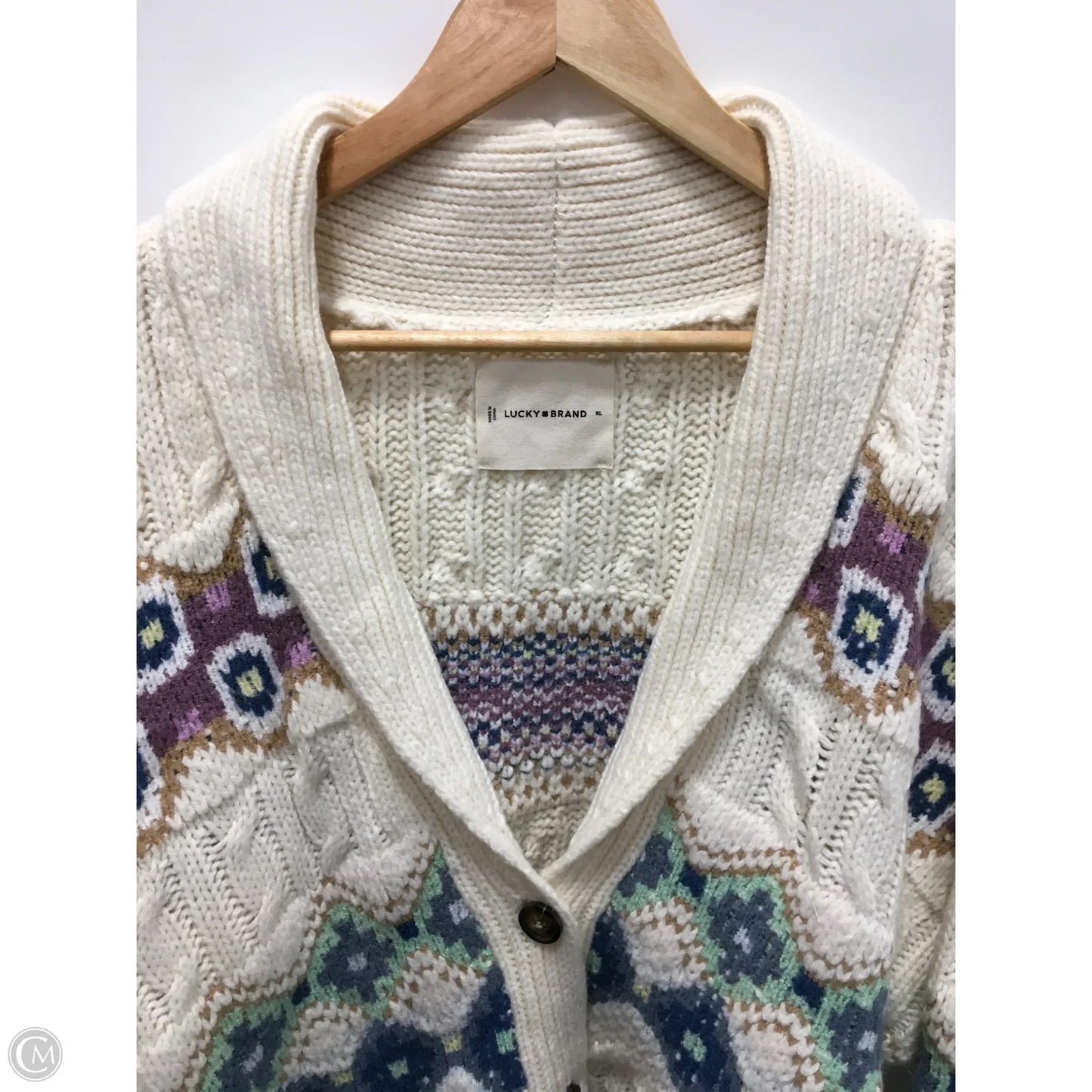 Sweater Cardigan By Lucky Brand In Cream & Purple, Size: Xl