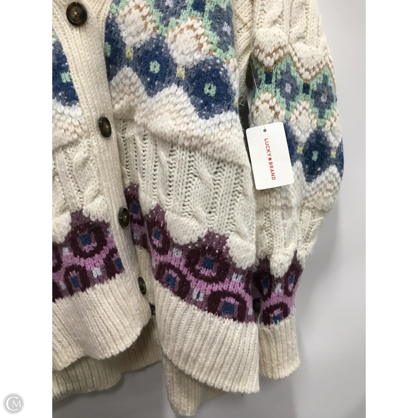 Sweater Cardigan By Lucky Brand In Cream & Purple, Size: Xl