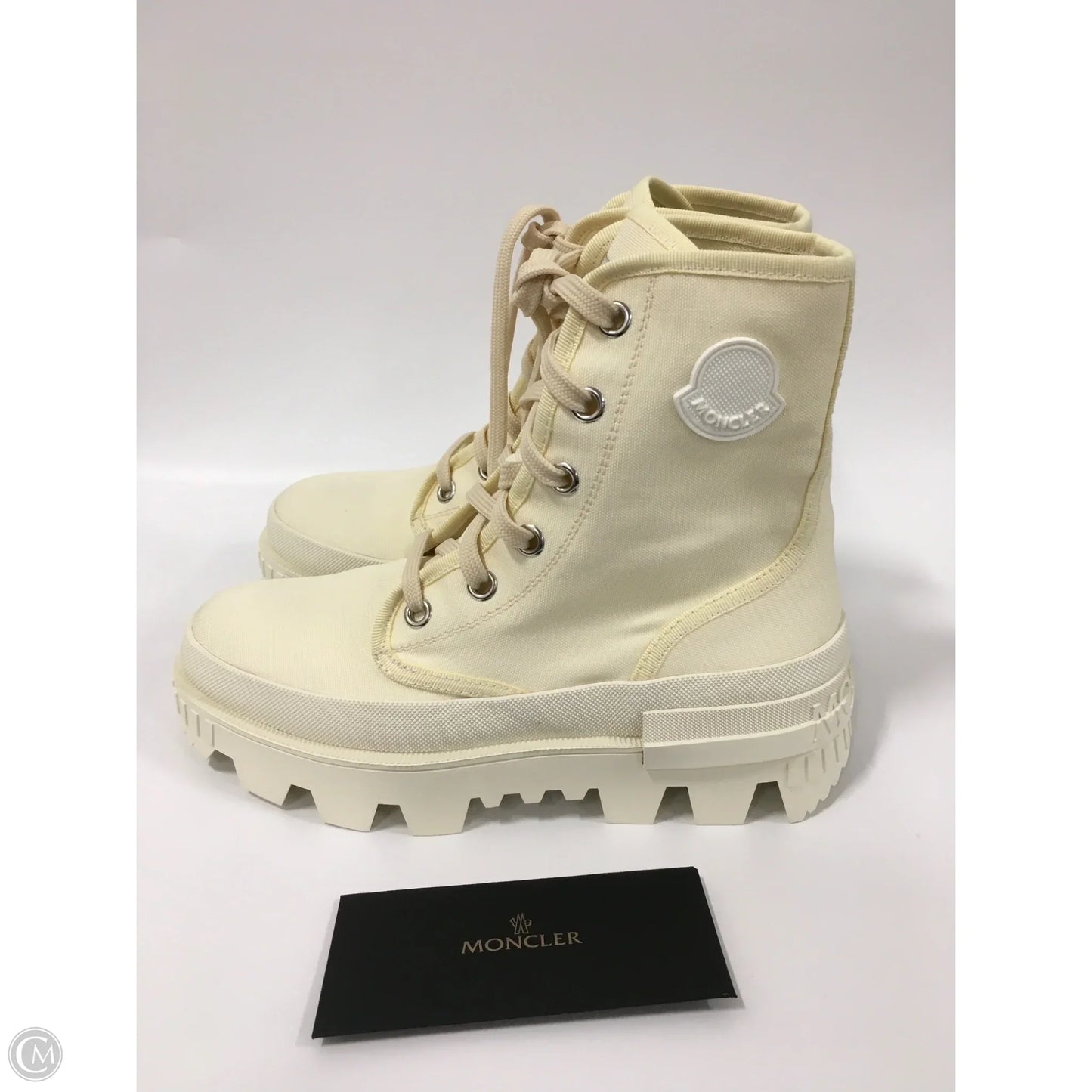 Boots Luxury Designer By Moncler In Cream, Size: 8