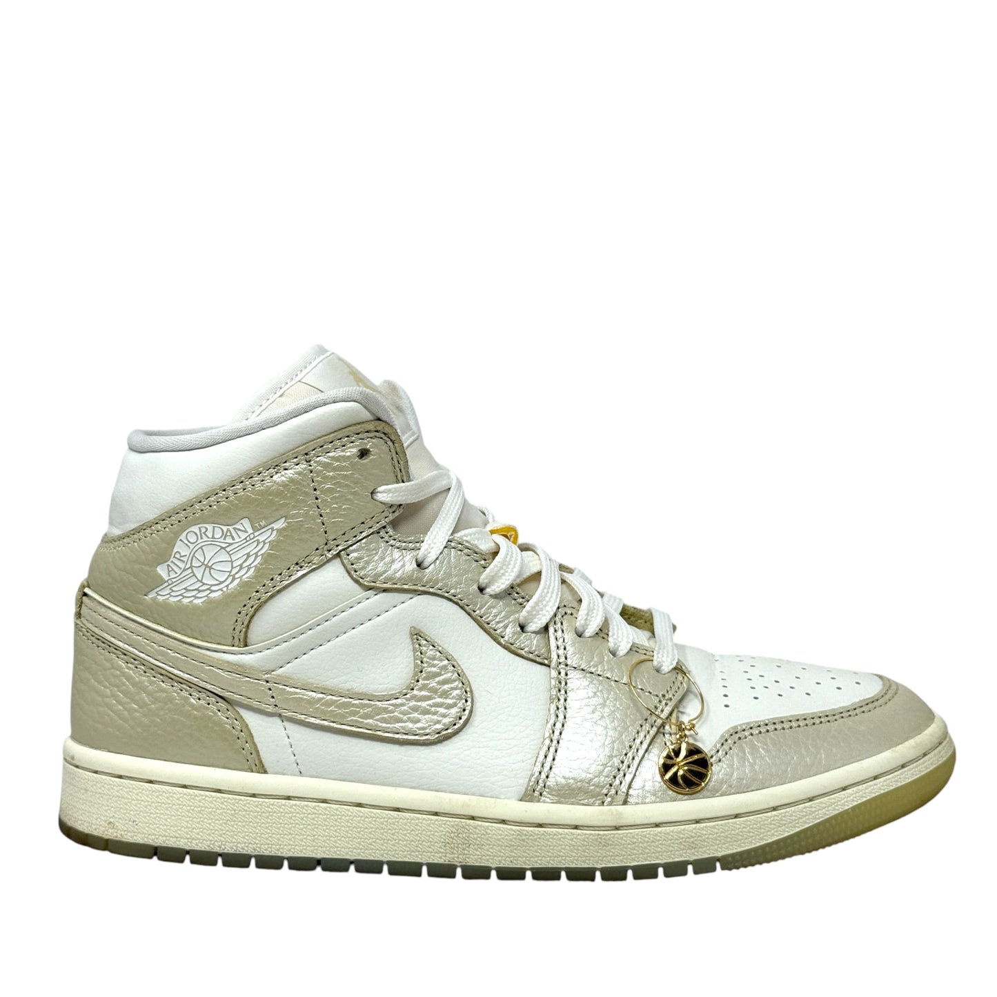 Air Jordan 1 Mid SE Hoops Gold Pack Sneakers Luxury Designer By Nike In Gold & White, Size: 8.5