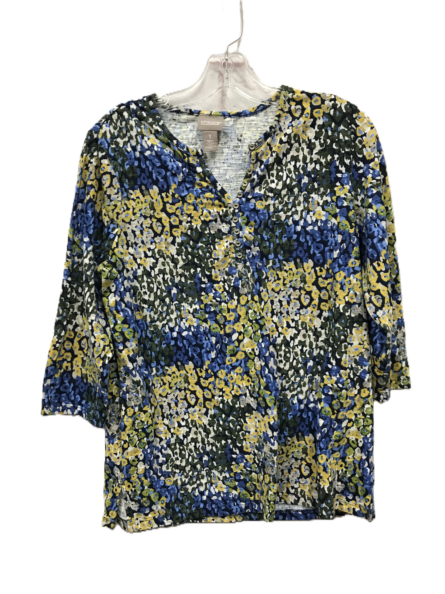 Blue & Yellow Top 3/4 Sleeve By Chicos, Size: M