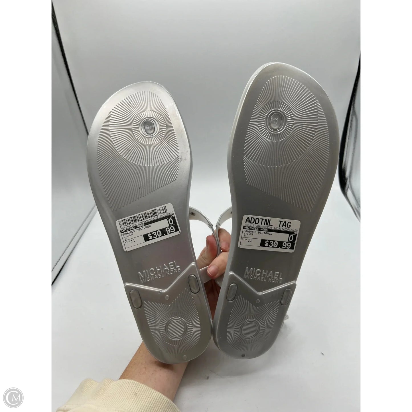 Sandals Designer By Michael Kors In Silver, Size: 11