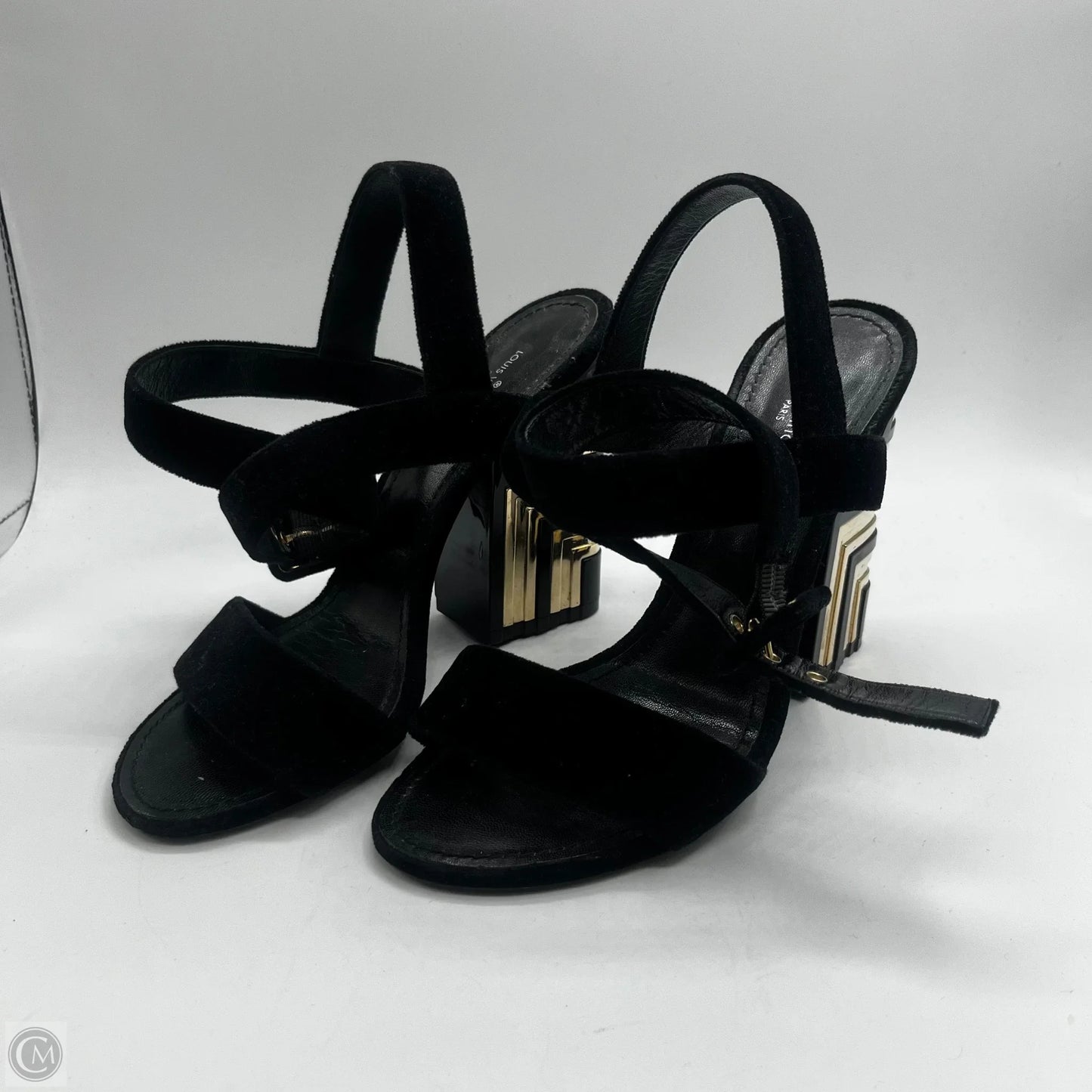 Sandals Luxury Designer By Louis Vuitton In Black & Gold, Size: 7.5