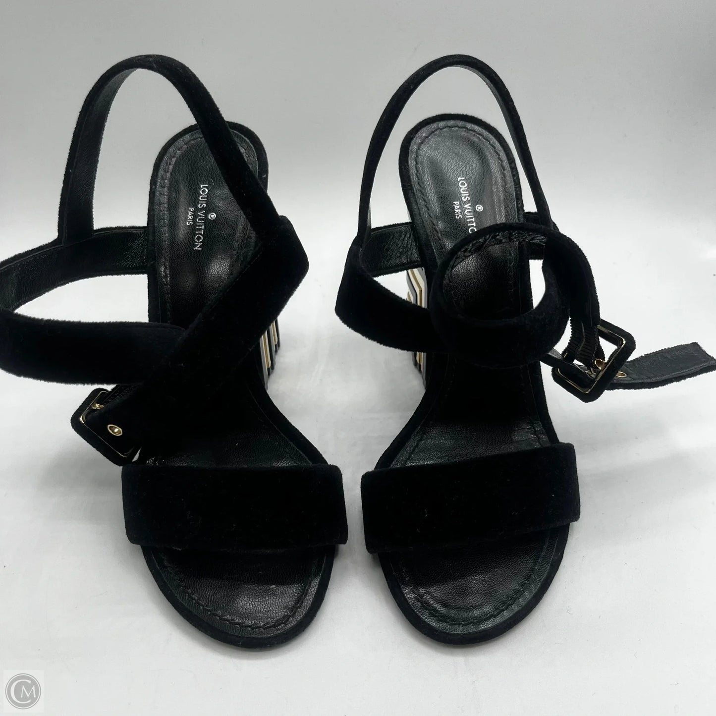 Sandals Luxury Designer By Louis Vuitton In Black & Gold, Size: 7.5