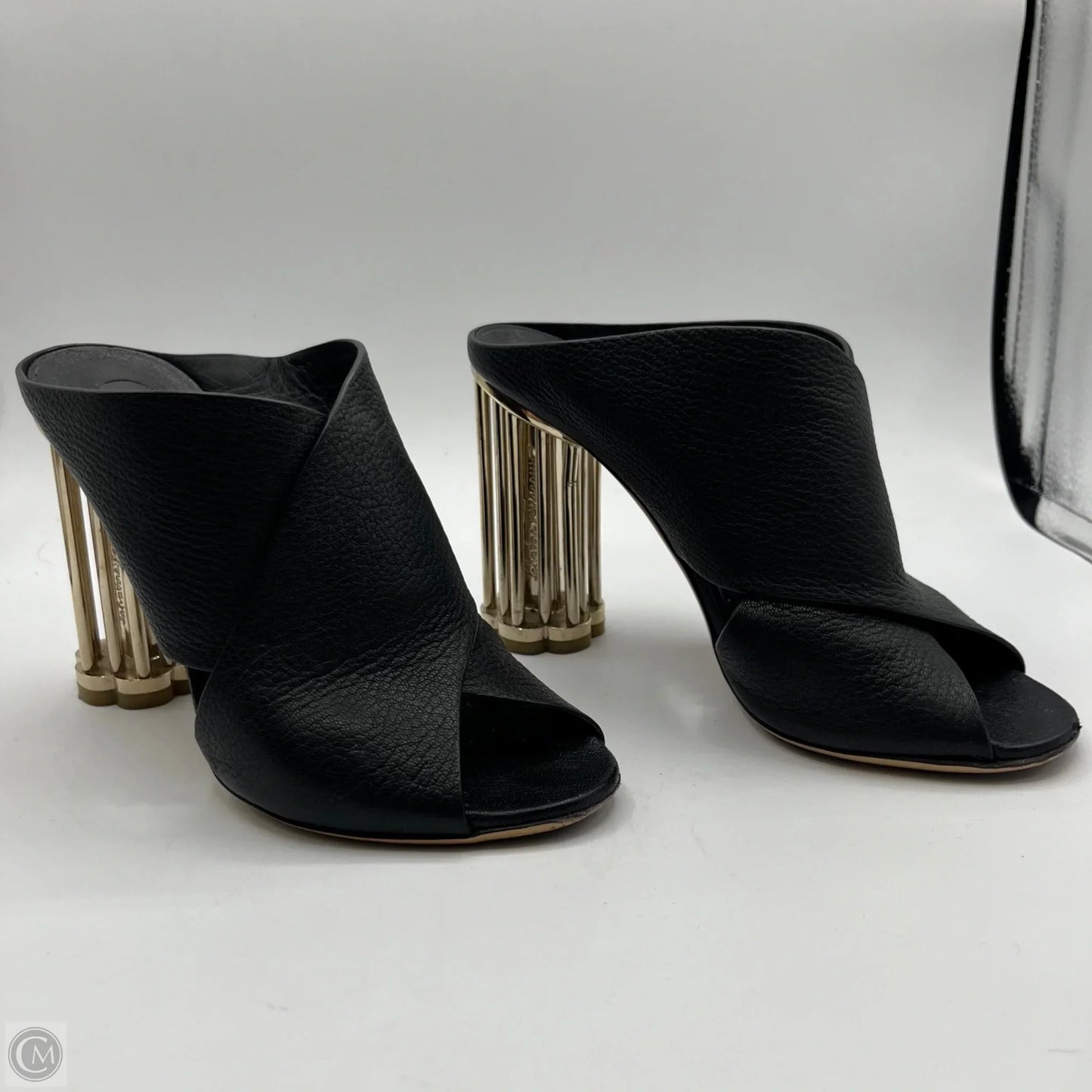 Sandals Luxury Designer By Ferragamo In Black & Gold, Size: 7