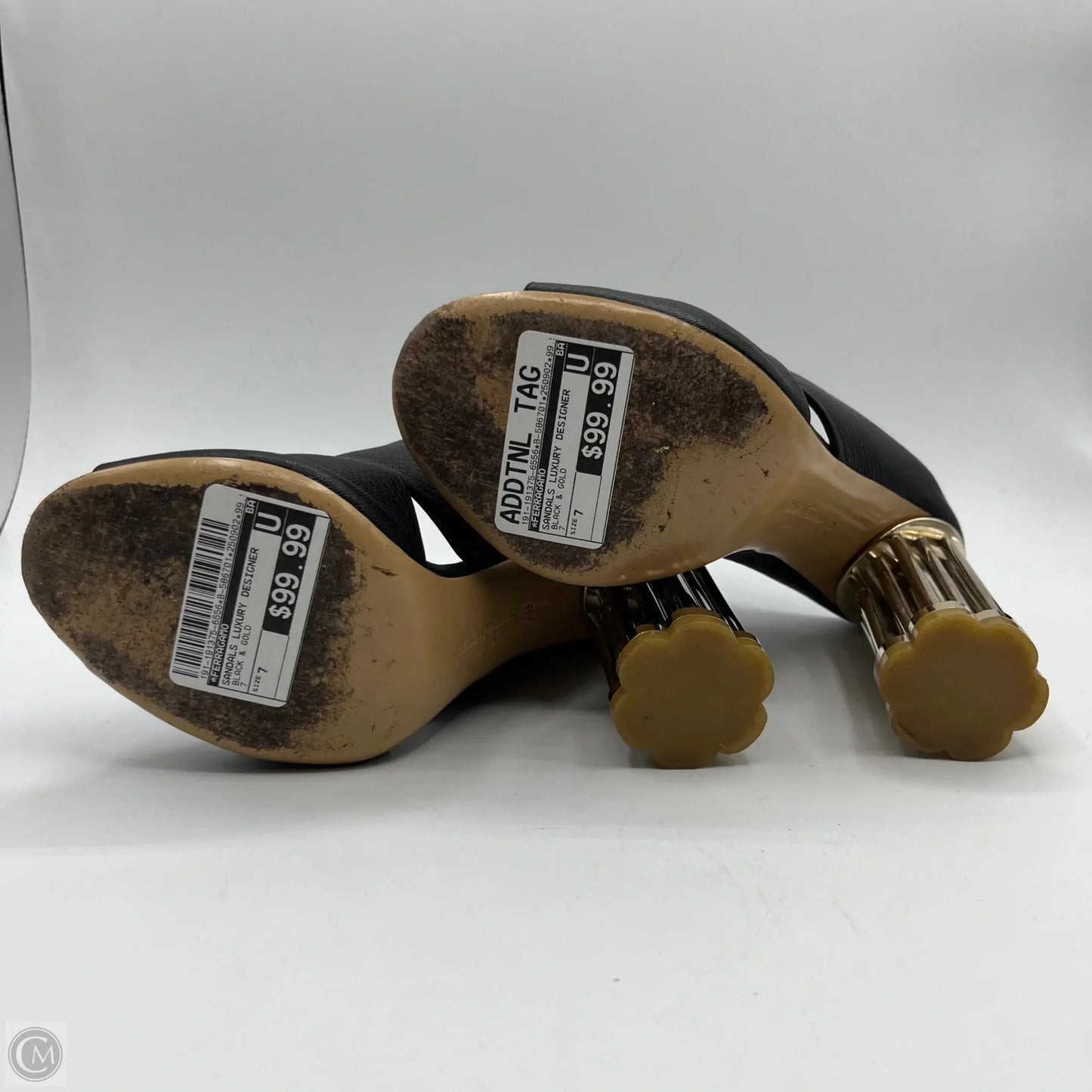 Sandals Luxury Designer By Ferragamo In Black & Gold, Size: 7