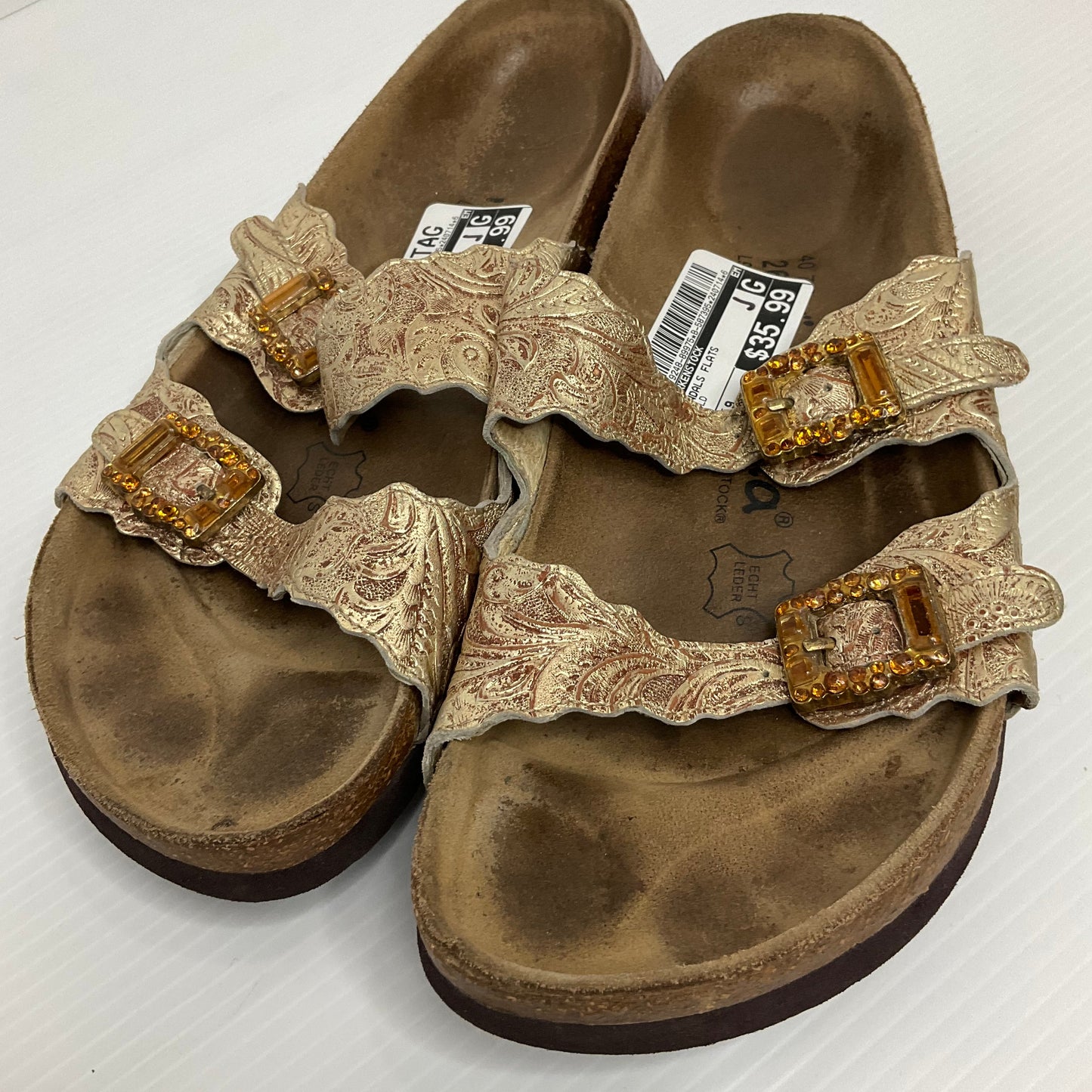 Gold Sandals Flats Birkenstock, Size 9