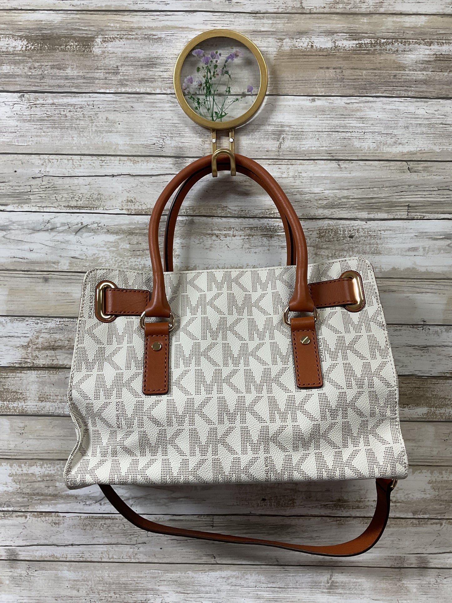 Handbag Designer By Michael Kors In Brown & White, Size:Medium