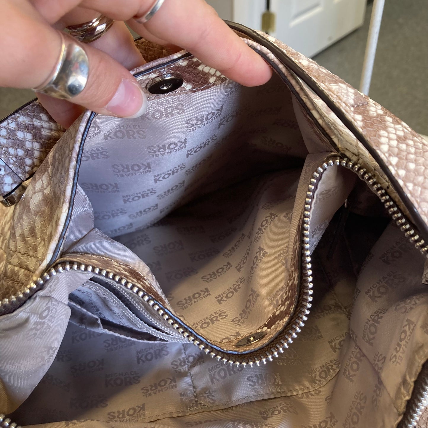 Handbag Designer By Michael Kors In Snakeskin Print, Size:Medium