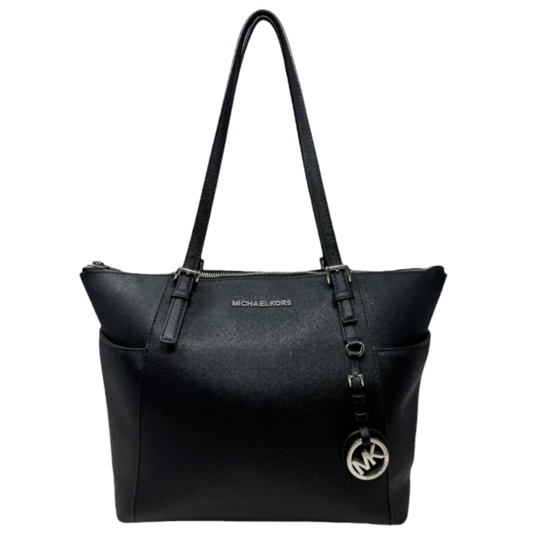 Jet Set East West Silver Tone Logo Charm Tote Designer By Michael Kors In Black Saffiano Leather Size: Medium