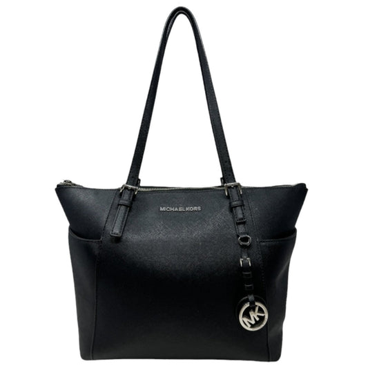 Jet Set East West Silver Tone Logo Charm Tote Designer By Michael Kors In Black Saffiano Leather Size: Medium