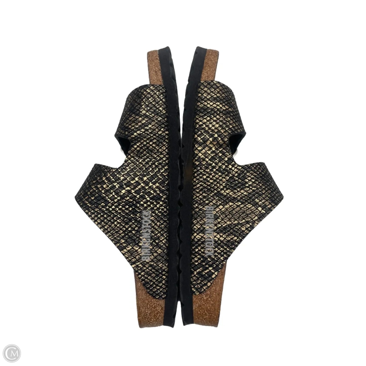 Sandals Flats By Birkenstock In Black & Gold, Size: 6