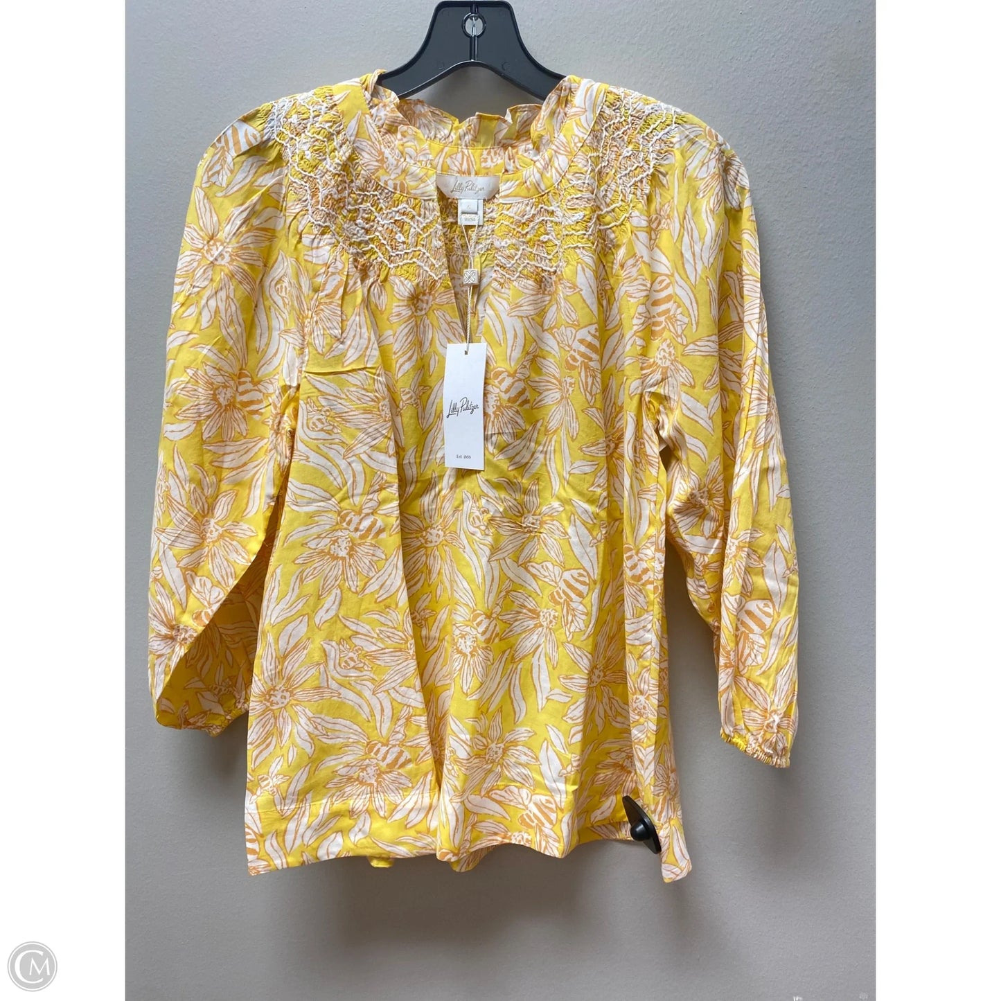 Top Long Sleeve Designer By Lilly Pulitzer In White & Yellow, Size: S