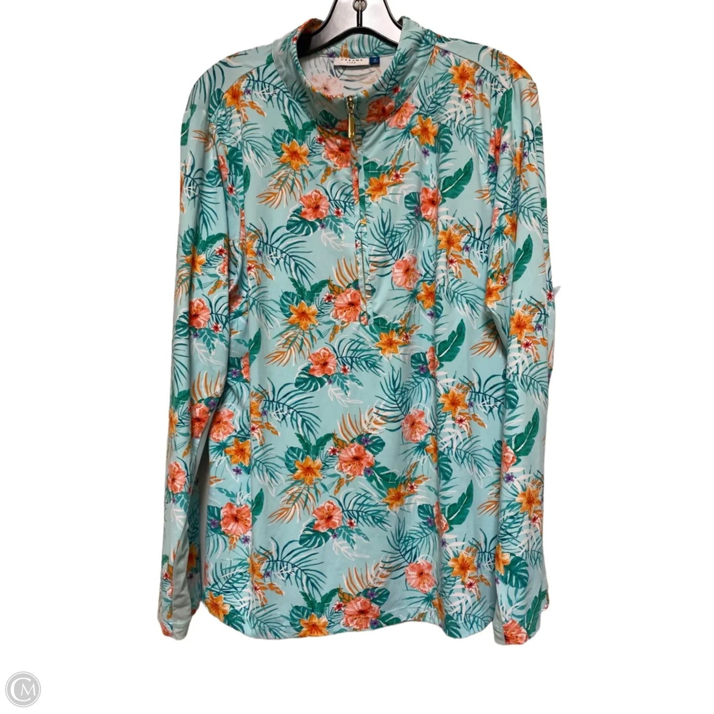 Athletic Top Long Sleeve Collar By Cabana Life In Tropical Print, Size: 1x