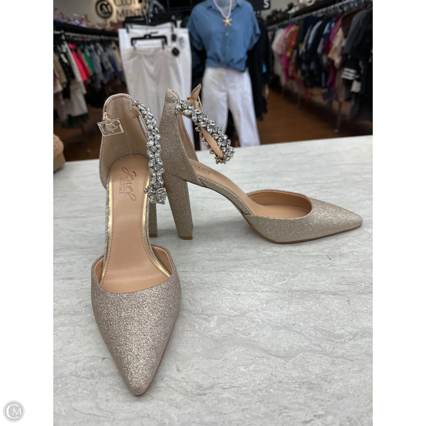 Shoes Heels Block By Badgley Mischka In Gold, Size: 7.5