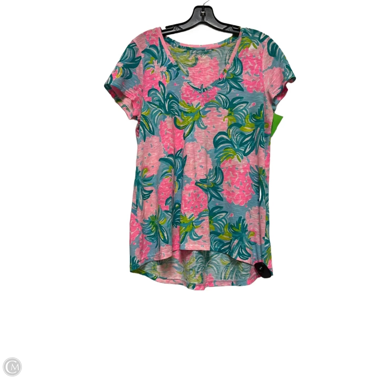 Top Short Sleeve Designer By Lilly Pulitzer In Green & Pink, Size: S
