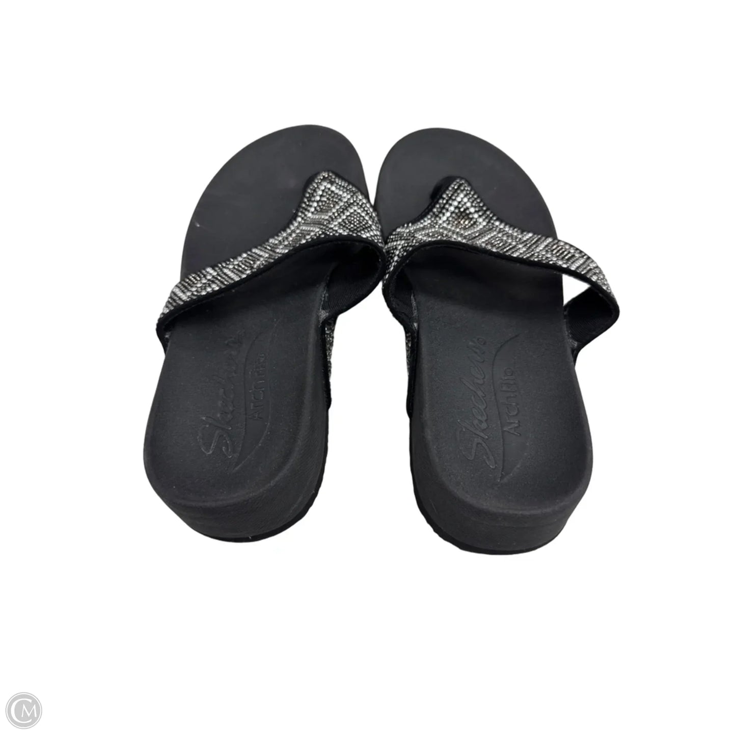Sandals Heels Wedge By Skechers In Black & Silver, Size: 5