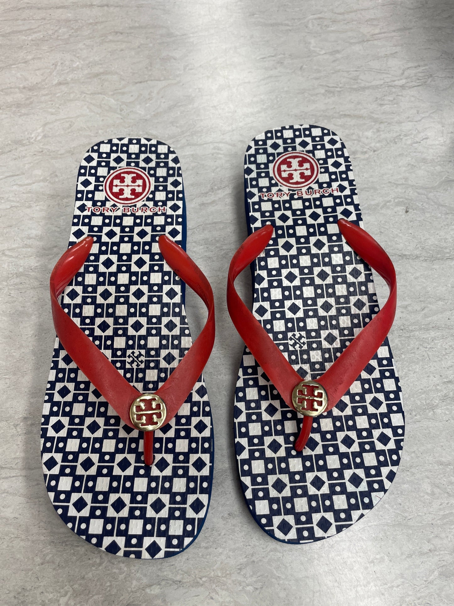 Sandals Flip Flops By Tory Burch In Blue & Red & White, Size: 10