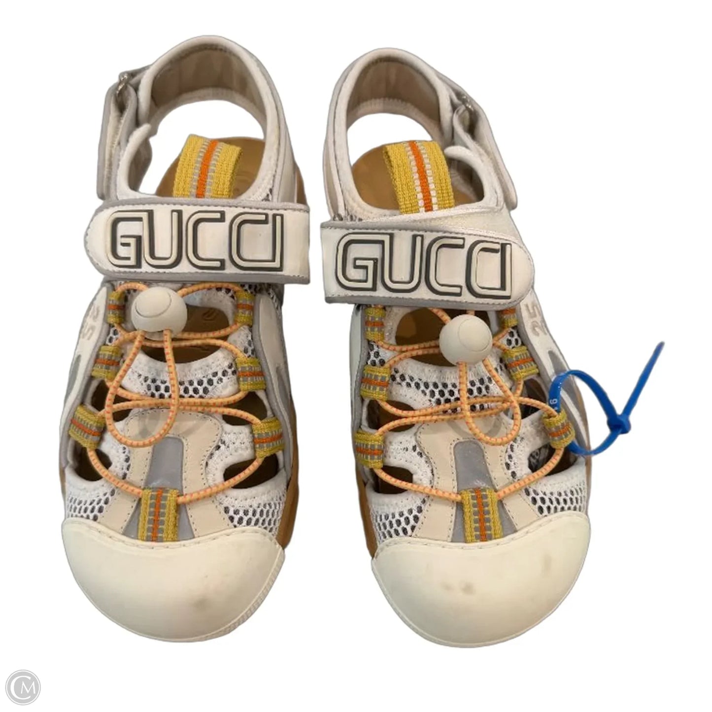 Sandals Luxury Designer By Gucci In White & Yellow, Size: 7