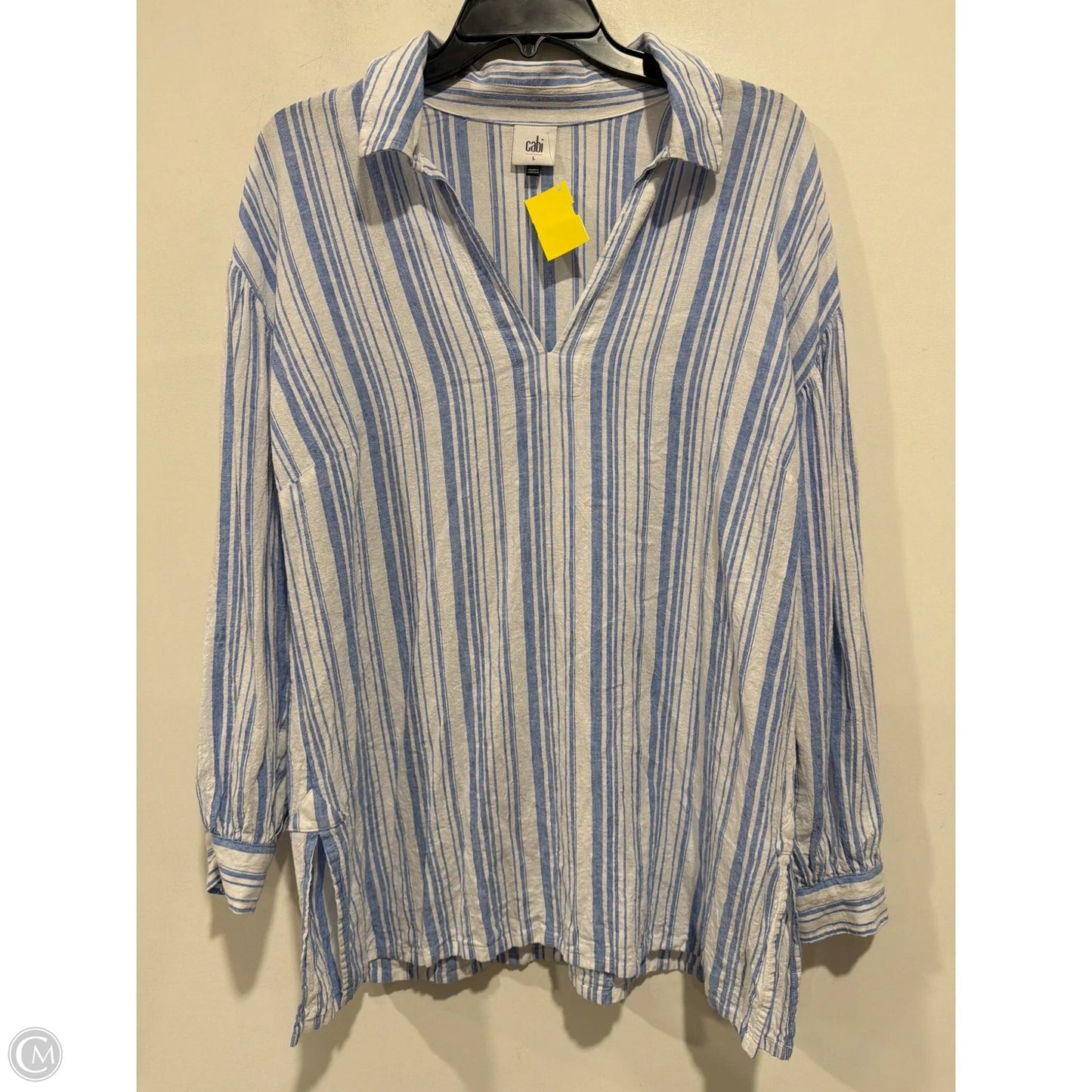 Top Long Sleeve By Cabi In Blue & White, Size: L