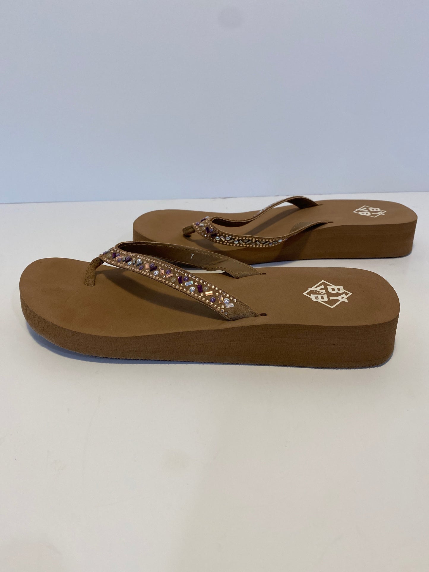 Brown Sandals Flip Flops Yellow Box, Size 7