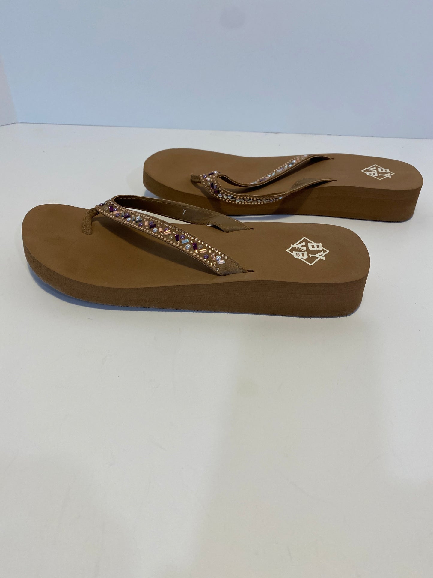 Brown Sandals Flip Flops Yellow Box, Size 7