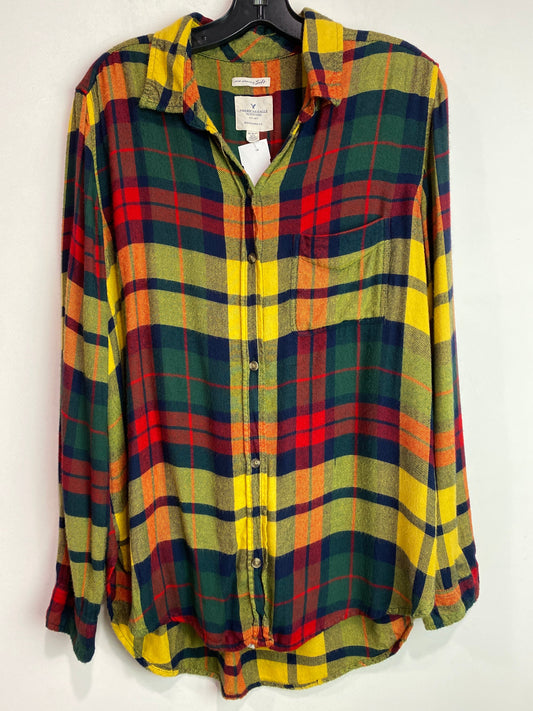 Top Long Sleeve By American Eagle In Green & Yellow, Size: M