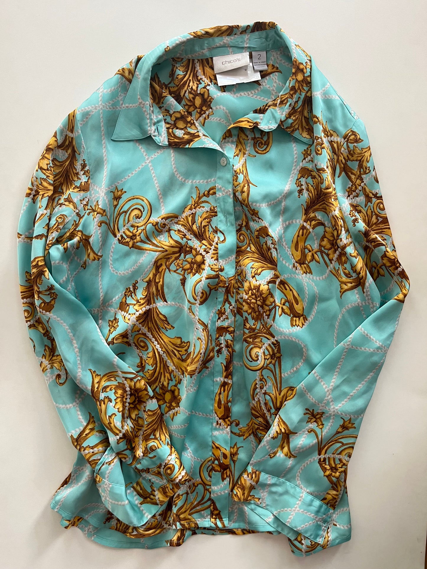 Blouse Long Sleeve By Chicos In Turquoise, Size: M