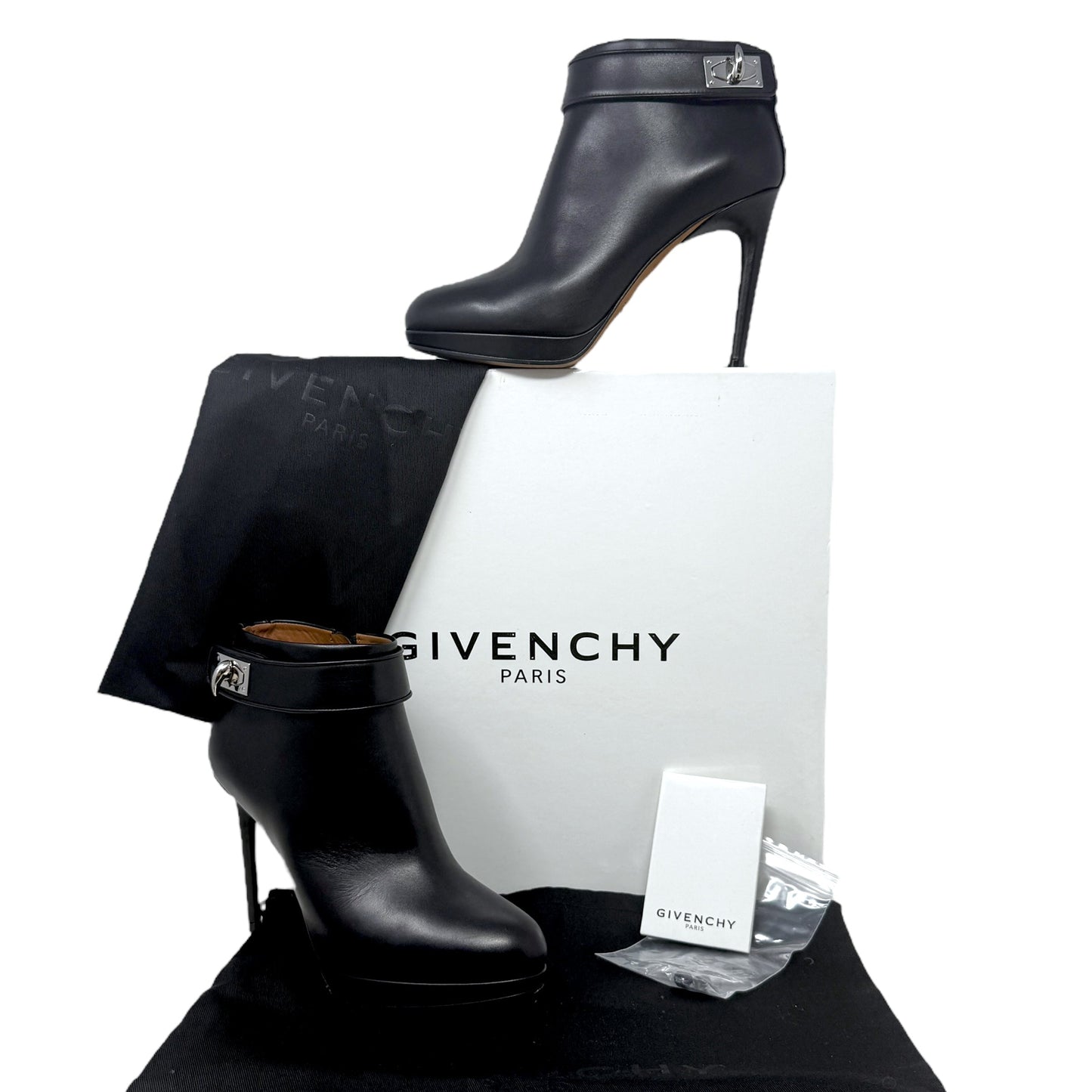 Shark Lock Stiletto Booties Luxury Designer By Givenchy In Black Calf Leather, Size: US 6.5/IT 36.5