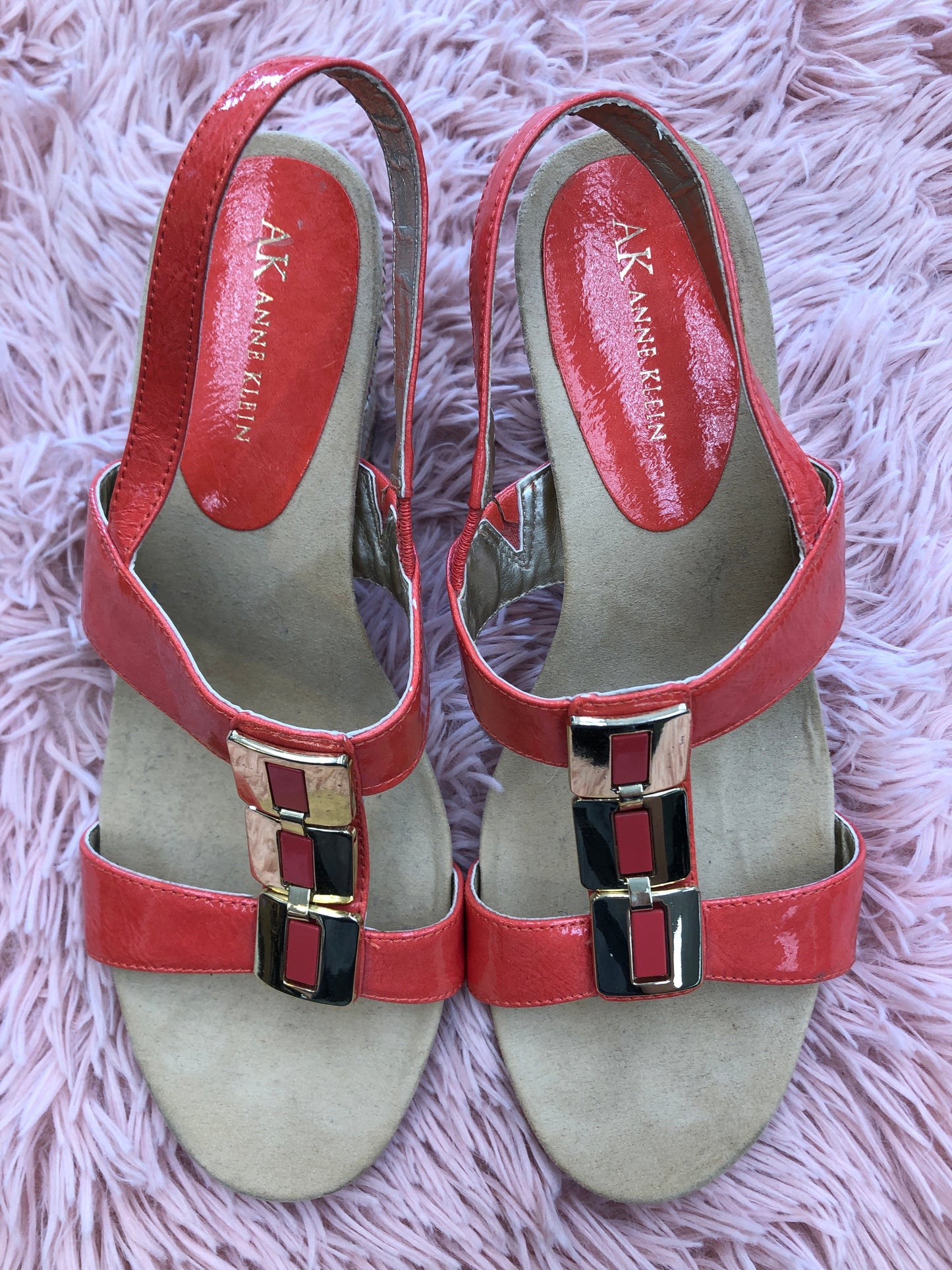 Orange Sandals Heels Wedge Anne Klein, Size 9