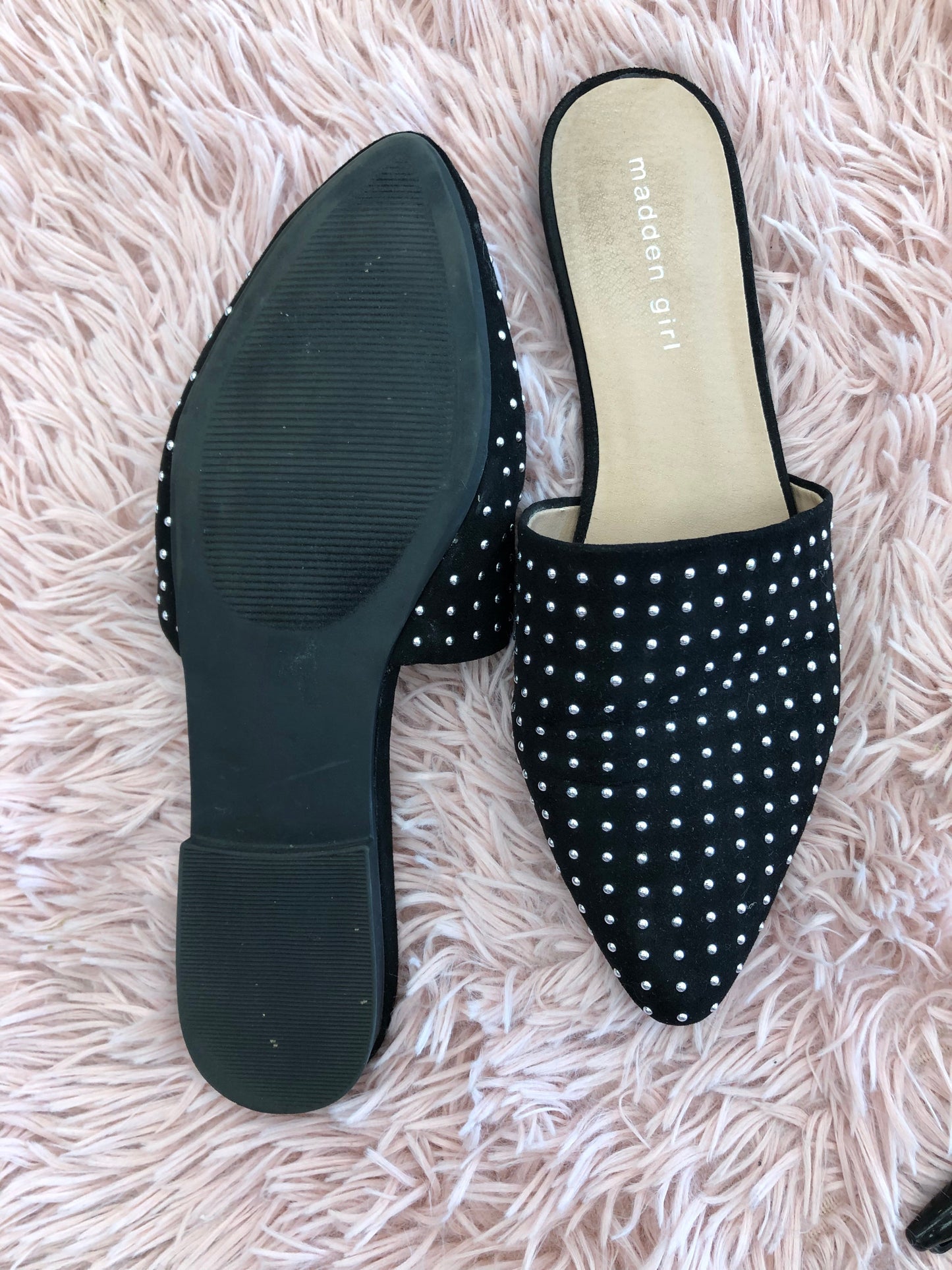 Black Silver Shoes Flats Mule & Slide Madden Girl, Size 9