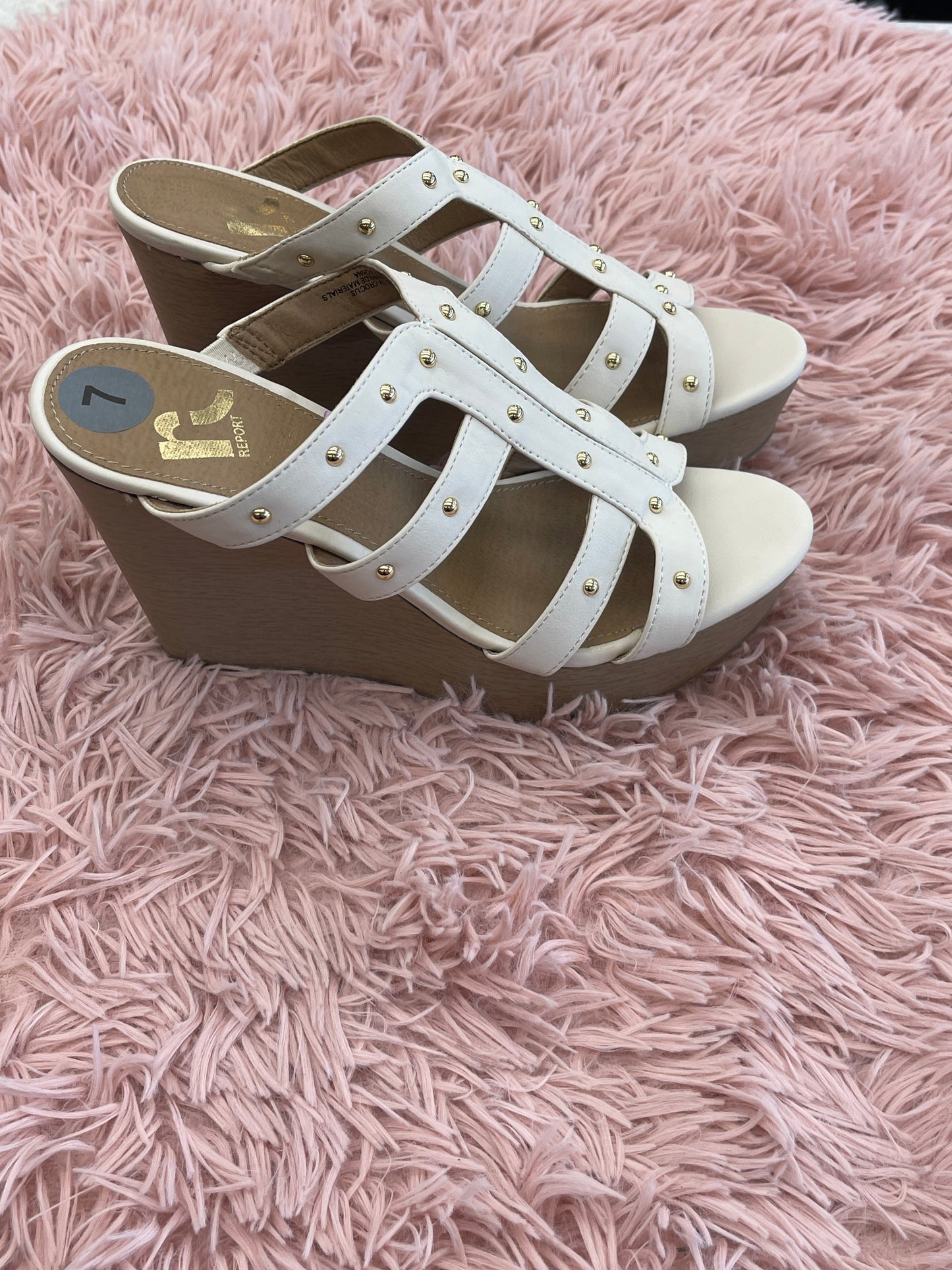 Cream Sandals Heels Wedge Report, Size 7