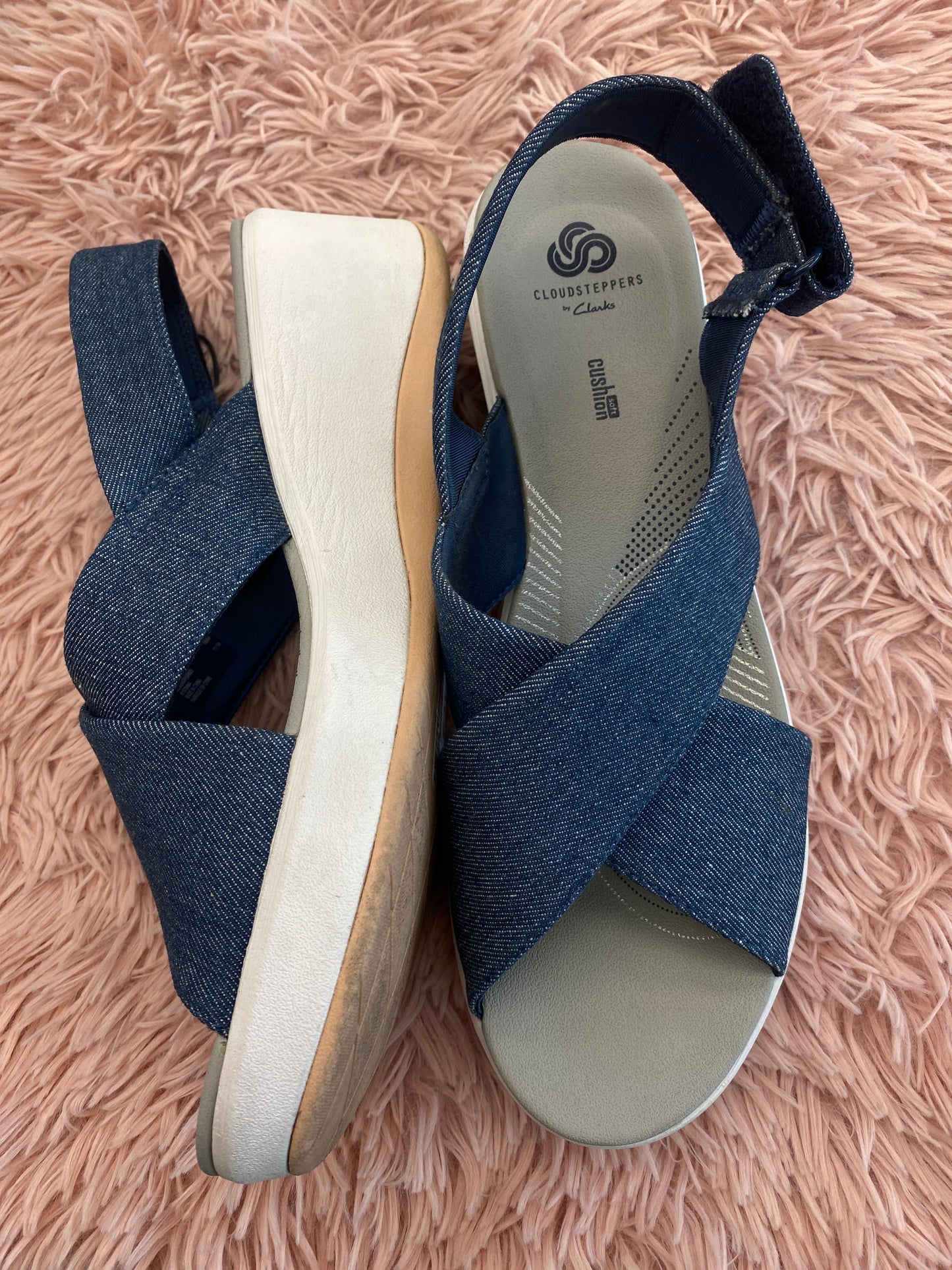 Sandals Heels Wedge By Clarks In Denim, Size: 12