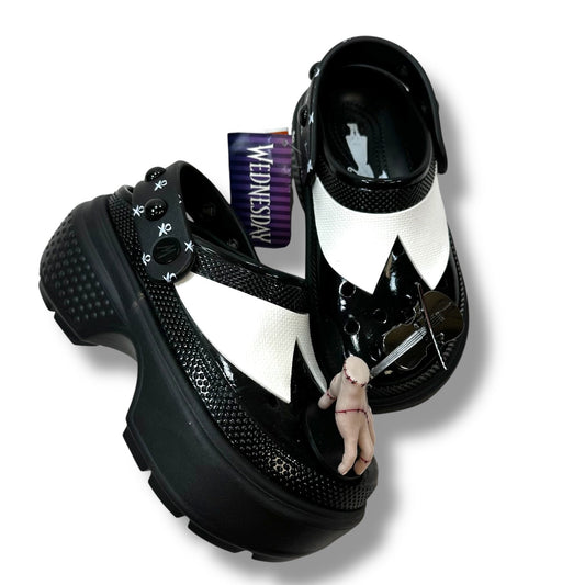 Wednesday Stomp Clog Shoes Heels Block By Crocs In Black & White, Size: 6