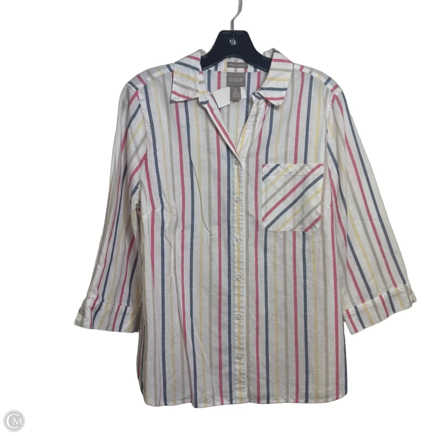 Top 3/4 Sleeve By Chicos In Striped Pattern, Size: L