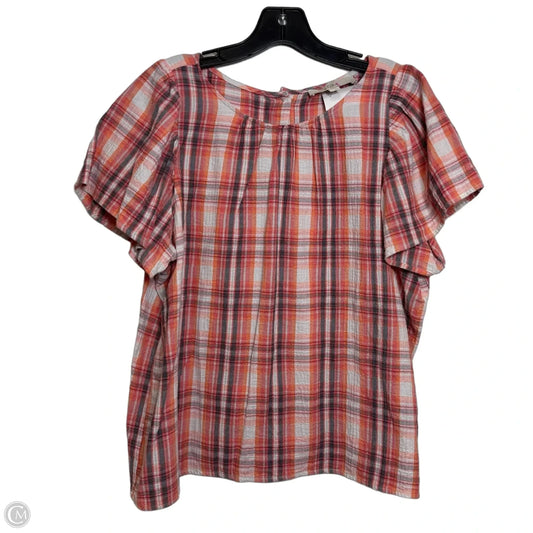 Top Short Sleeve By Loft In Plaid Pattern, Size: L