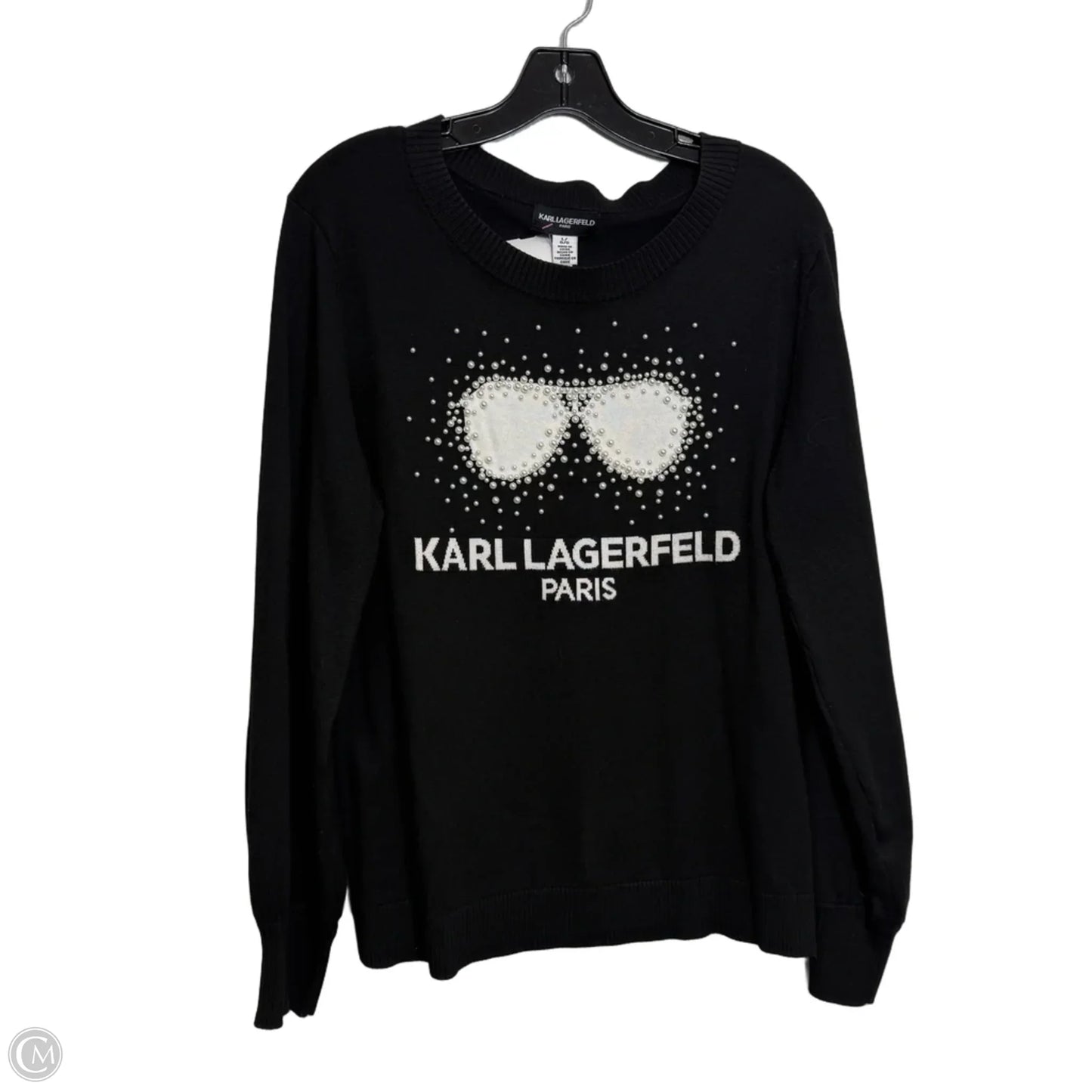 Sweater Cardigan Designer By Karl Lagerfeld In Black, Size: L