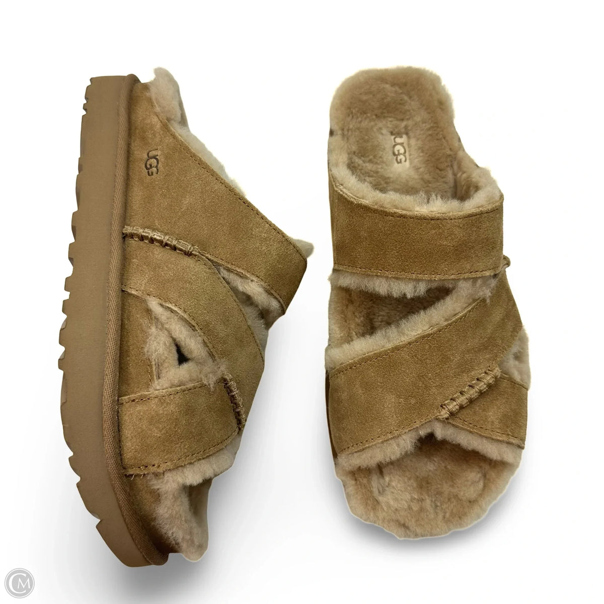 Greenport Cross Strap Slide Sandals Designer By Ugg In Tan, Size: 9
