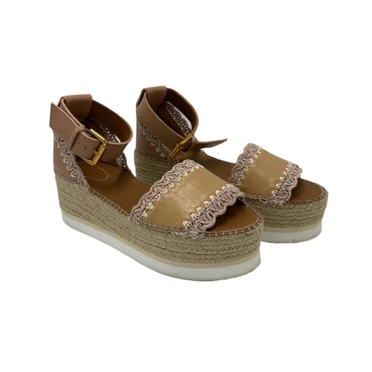 See By Chloe Glyn Espadrille Designer Sandals In Tan, Size: 8.5 (39)